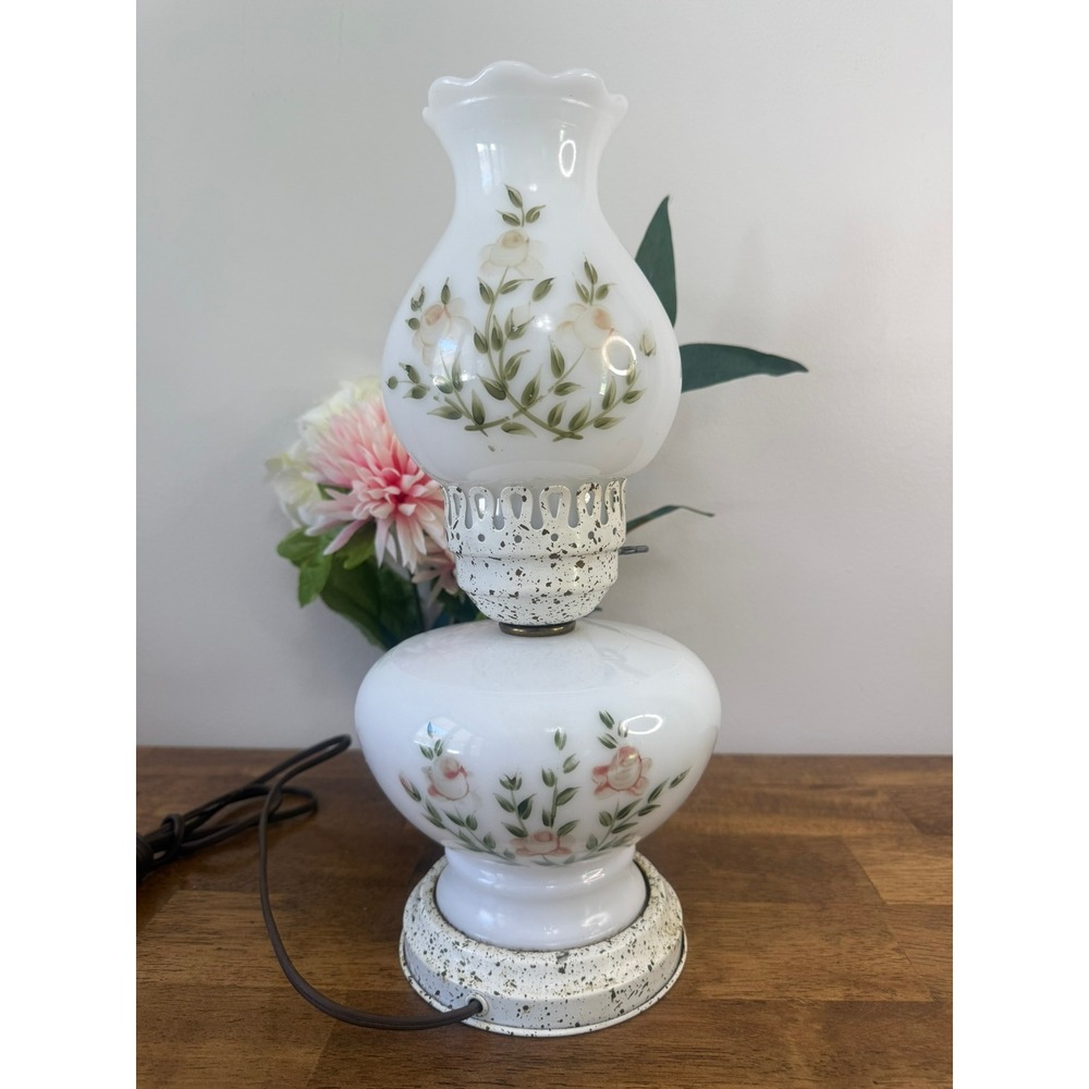 Vintage Milk Glass Hurricane Lamp Hand Painted Floral Electric Table Lamp White